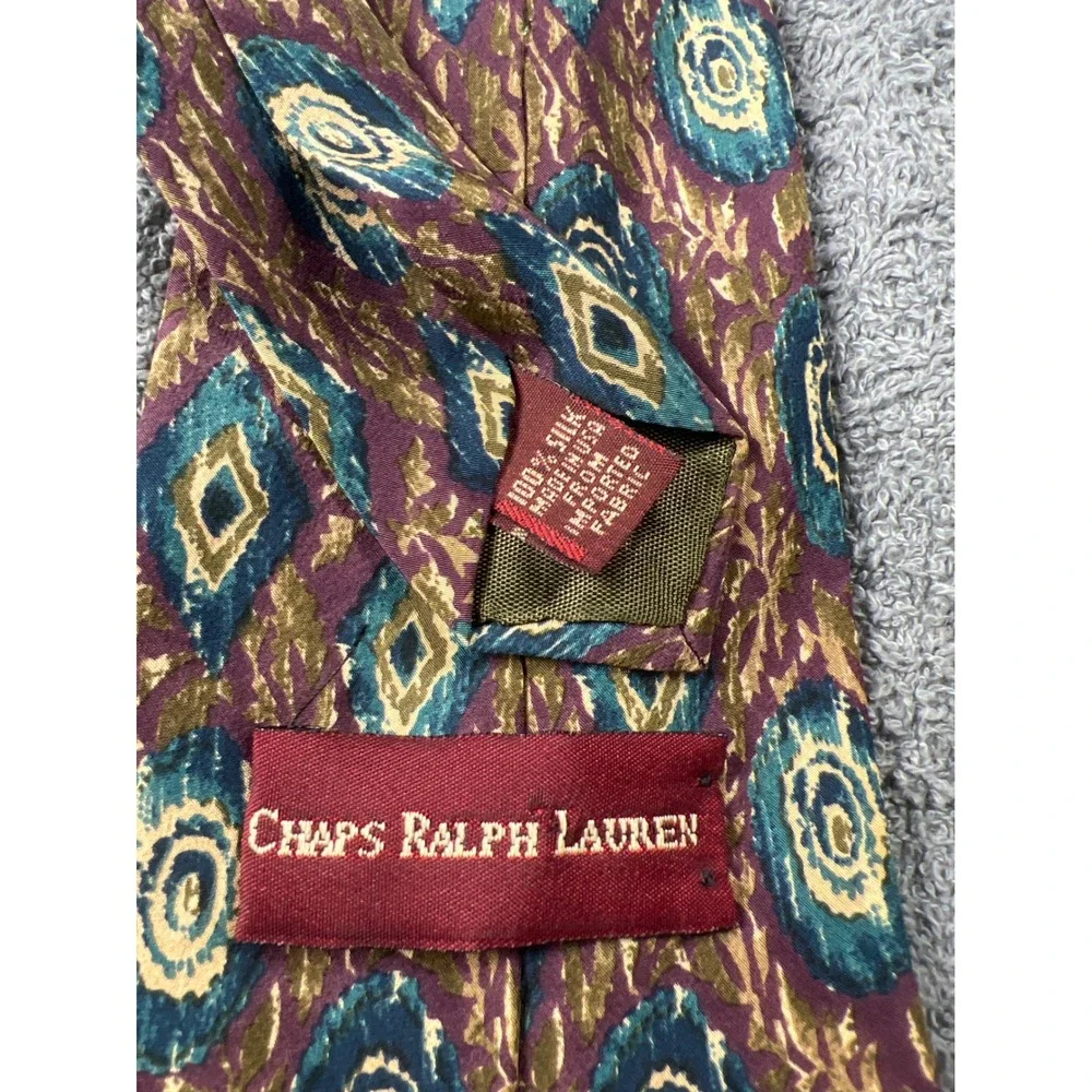 Chaps Ralph Lauren Silk Tie Burgundy Blue Diamond Pattern Men's Necktie‎